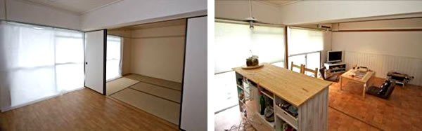 Before（左）＆After（右）台所・食事室から見た洋室、襖は取り払った。キッチンカウンターは食器棚の下段とカラーボックスでDIY