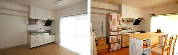 Before（左）＆After（右）キッチンの壁や吊り戸棚は煉瓦調のシートを貼っている。キッチンシンクのタイル貼り加工は労作！